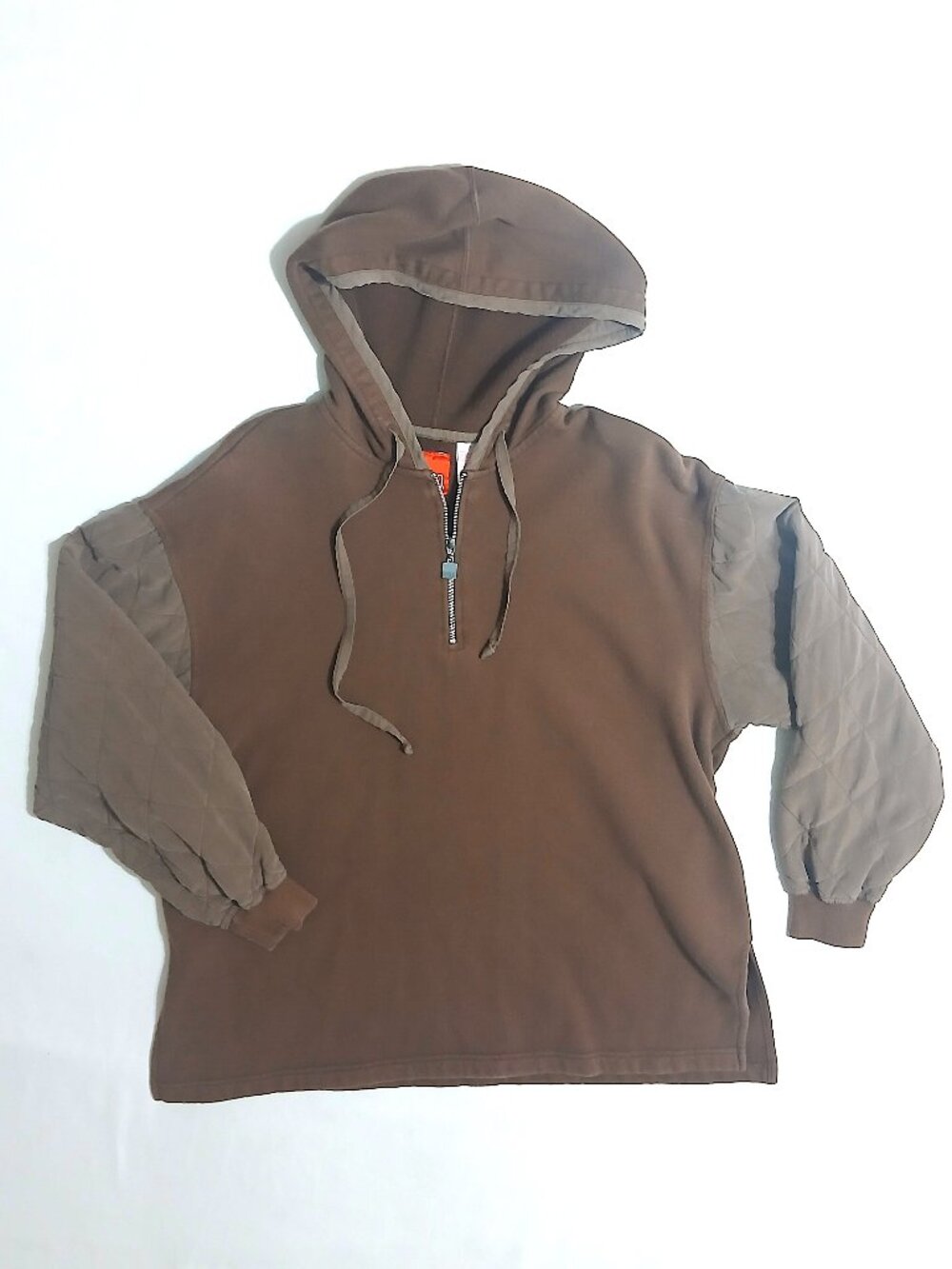 Liz & Co Brown Hoodie Quilted Sleeve Pullover Half Zip Jacket Top Small